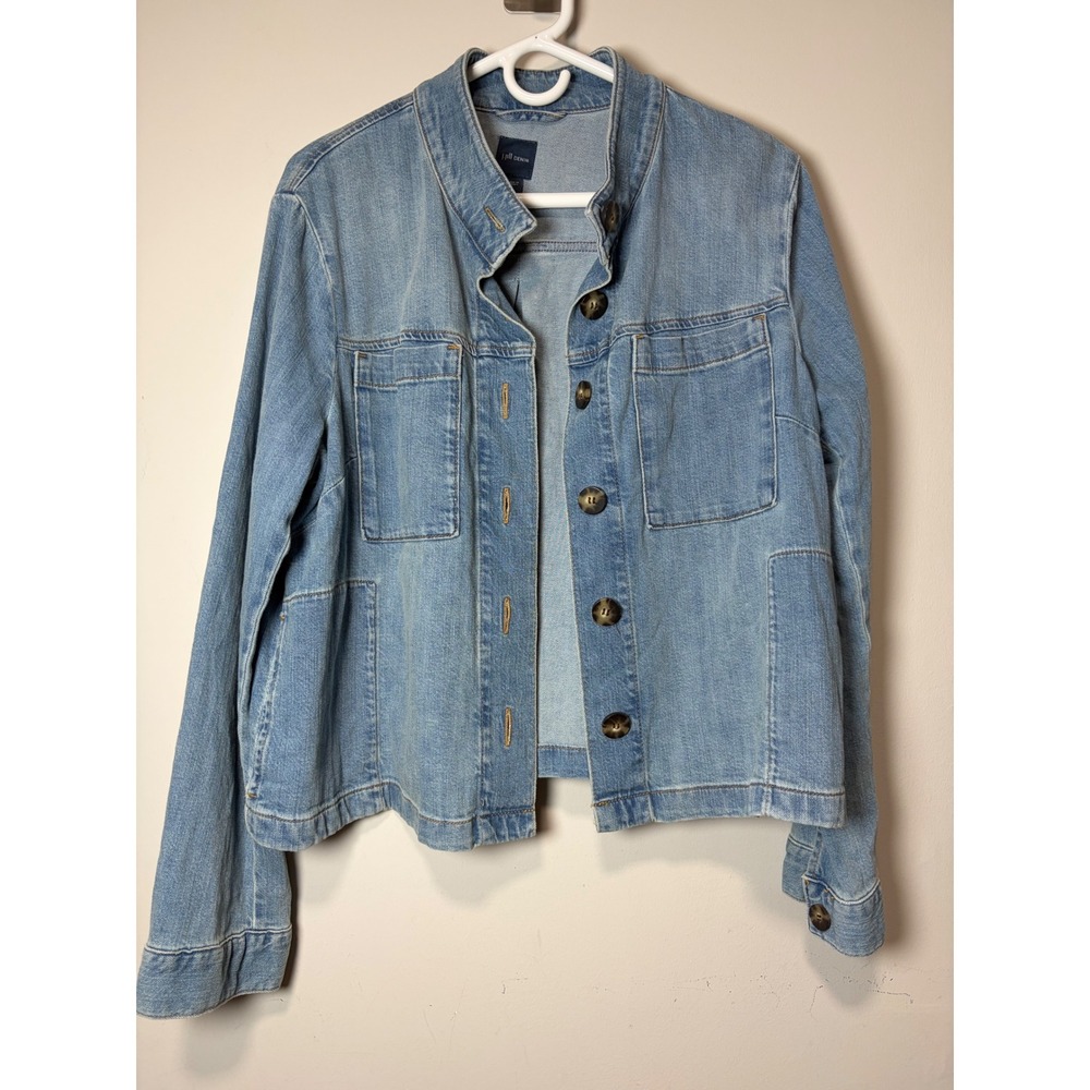 J. Jill Denim Jacket Womens Large Light Wash Blue Mock Neck Button Front Utility